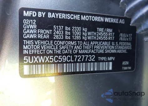 2012 BMW X3 xDrive28I from USA, damaged, VIN 5UXWX5C59CL727732